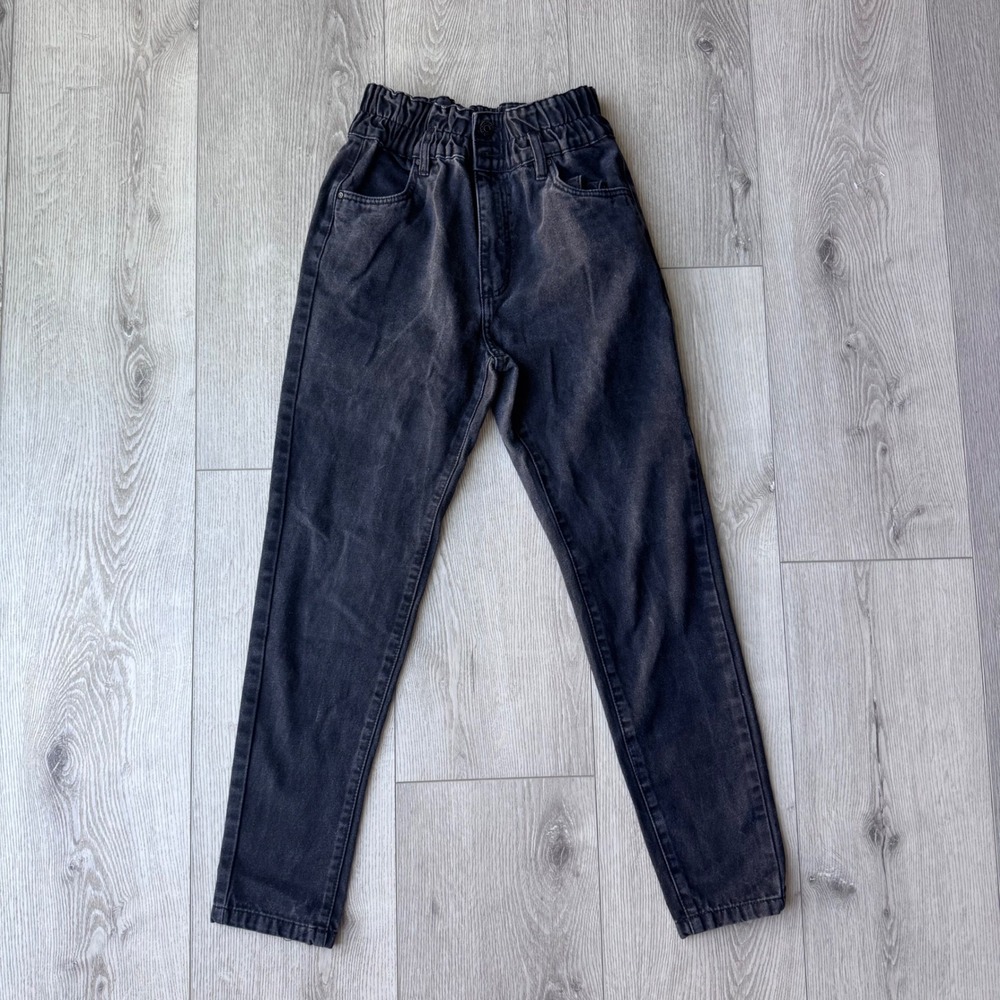 Refuge Denim Black Paperbag Waist Mom Jeans XS Faded Wash with Belt